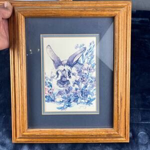 Vintage Framed Jodi Jenson Signed Watercolor Painting Bunny Flowers Floppy Ears
